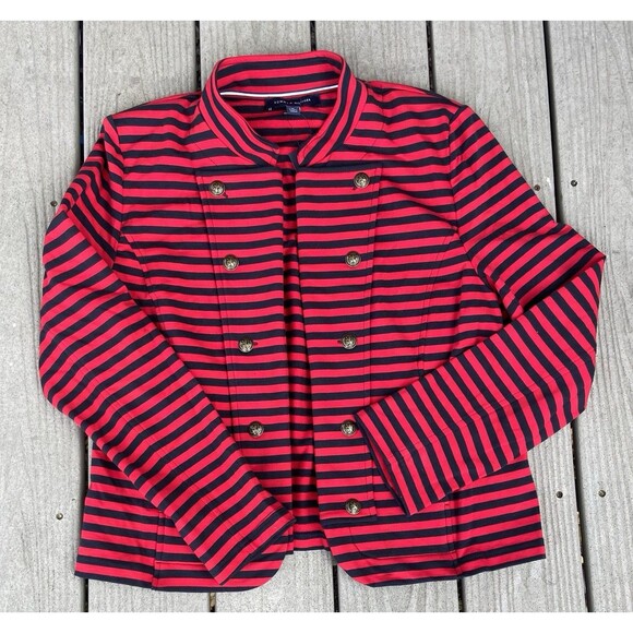 Tommy Hilfiger Striped Double Breasted Knit Blazer Red Navy Jacket Women’s XL - Picture 1 of 16